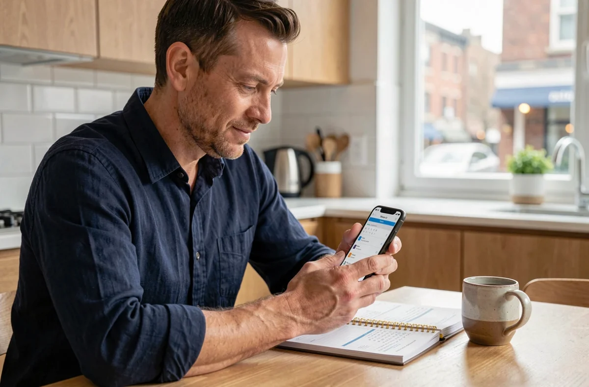 Homme consultant un vérificateur de semaine paire en ligne sur smartphone avec un agenda papier posé sur une table de cuisine
