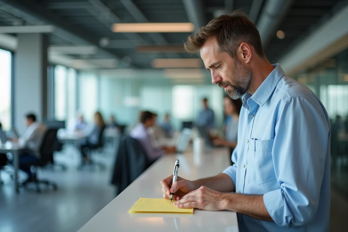 Homme en bureau écrivant une note manuscrite pour corriger une confusion orthographique fréquente