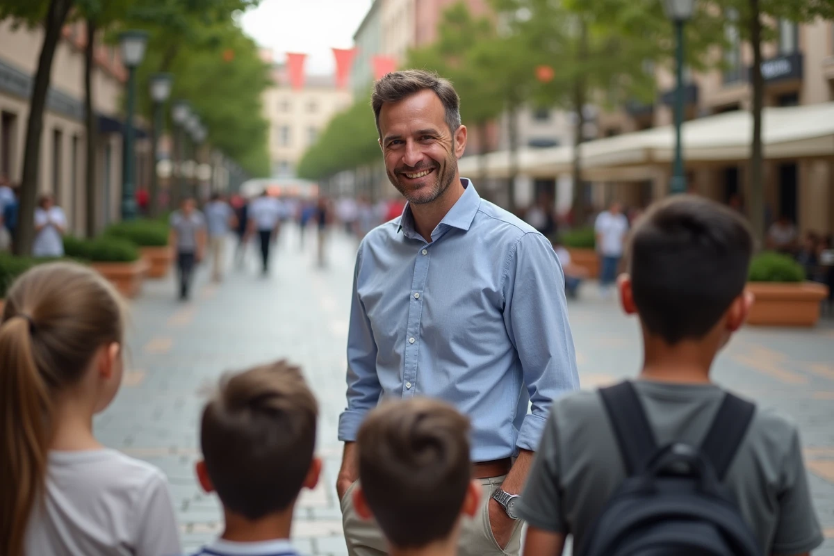 Homme enseignant à des enfants comment dire gracias en plein air