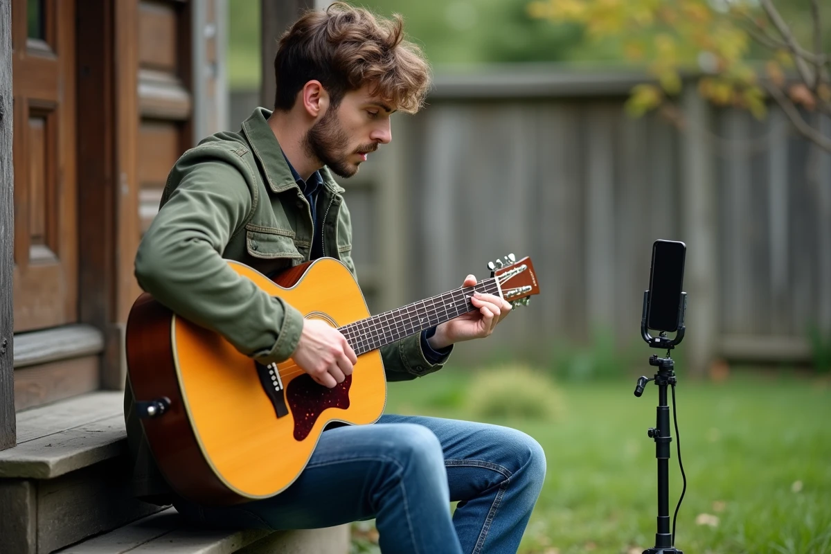 Homme adulte qui apprend la guitare acoustique en plein air sur un perron en bois en consultant des partitions gratuites sur smartphone