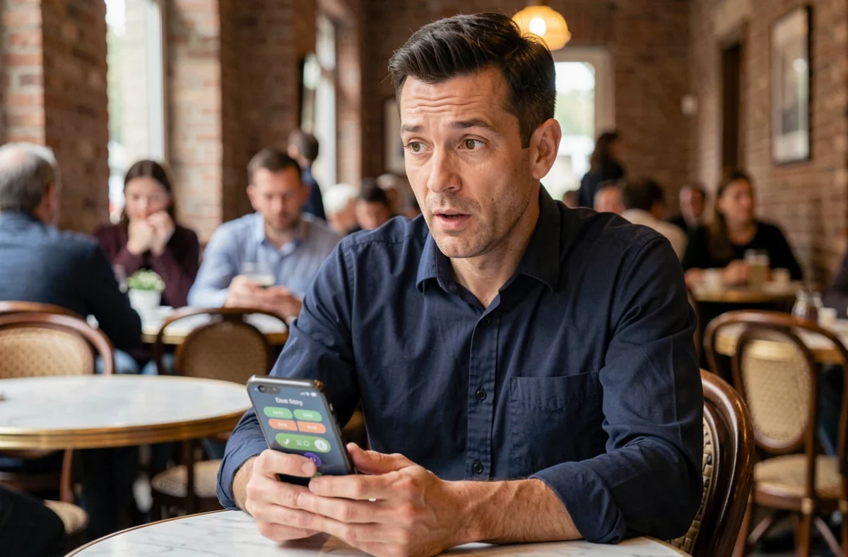 Homme jouant à un jeu de proximité sémantique sur smartphone dans un café parisien