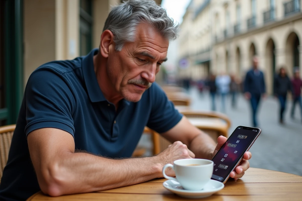 Homme jouant à un jeu de mots type Motus sur mobile dans un café parisien en terrasse