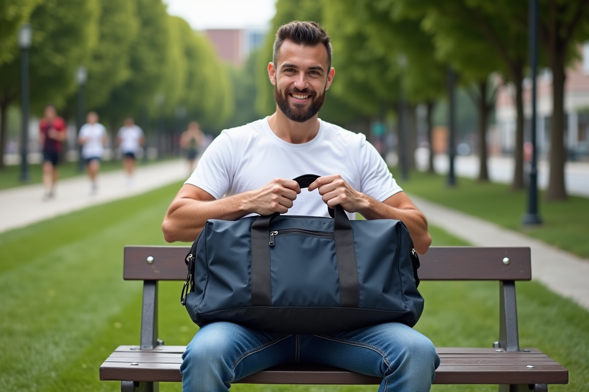 Homme déballant un sac de sport dans un parc urbain
