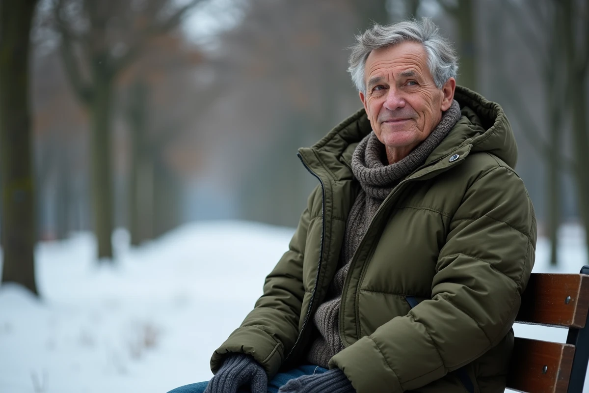 Homme âgé en parka dans un parc enneigé