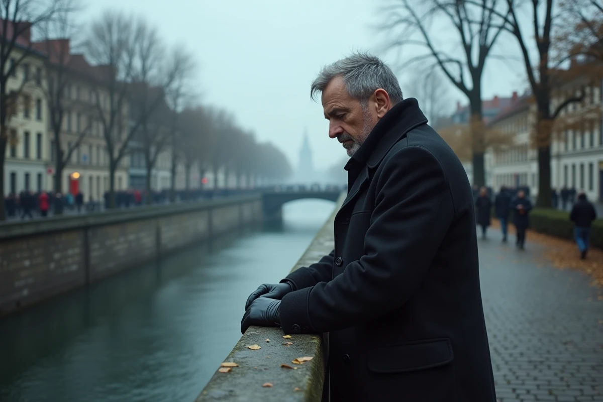 Homme solitaire et pensif sur un pont de pierre en ville, entouré de passants indifférents, illustrant la misanthropie et la lucidité morale