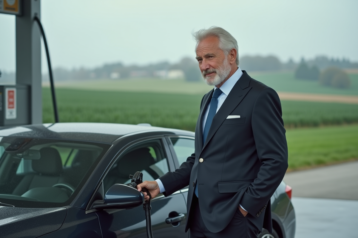Homme d'âge moyen en costume à côté d'une voiture hybride dans une station essence rurale