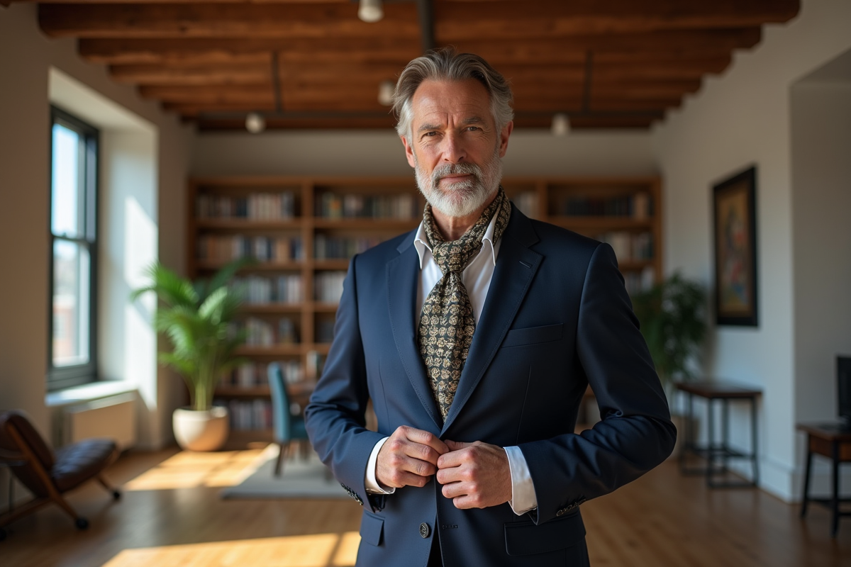 Homme mature en costume dans un loft lumineux