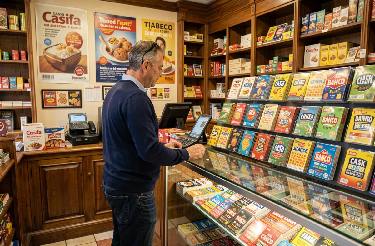 Homme consultant des tickets de jeux à gratter dans un bureau de tabac français, présentant l'offre FDJ Cash et Banco 2026