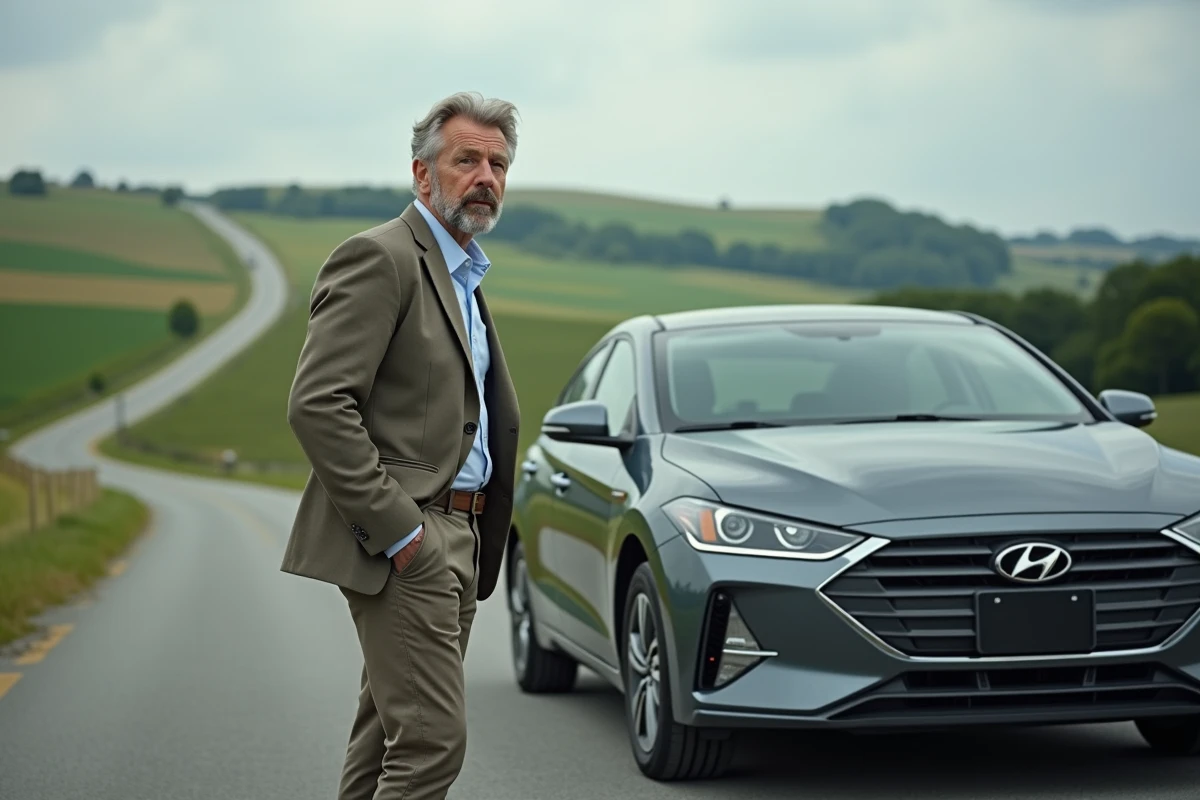 Homme d'âge moyen à côté d'une voiture hybride en campagne