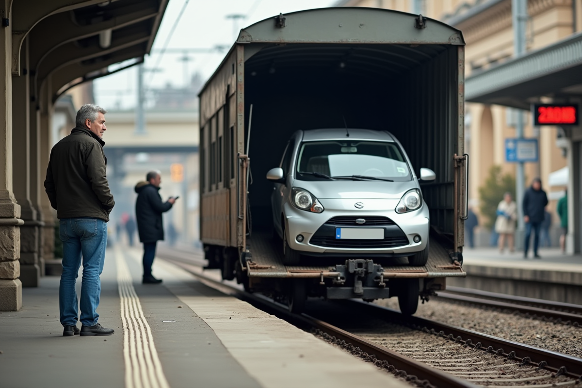 Homme chargé sa voiture sur un train en gare française