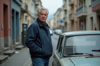 Homme d'âge moyen à côté d'une vieille voiture diesel en ville