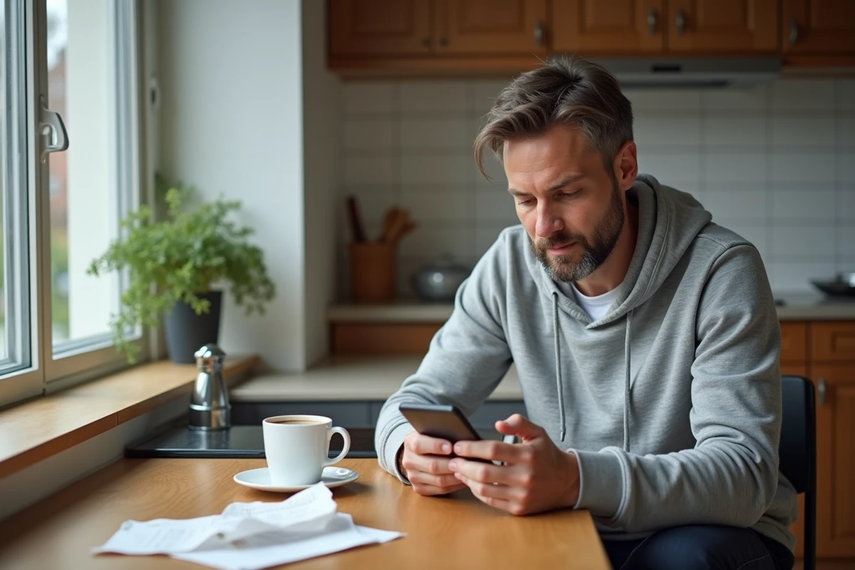 Homme consultant les horaires d'ouverture du magasin Action sur son smartphone depuis sa cuisine le dimanche