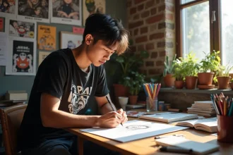 Illustrateur dessinant un personnage inspiré de Dragon Ball Super avec des crayons de couleur sur une feuille de papier épais dans un studio créatif