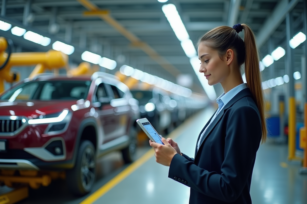 Jeune femme ingénieure dans usine automobile hightech