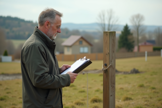 Homme inspectant une borne de limite de propriété en extérieur
