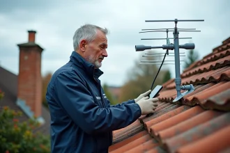 Technicien installant une antenne TNT sur un toit de maison pavillonnaire en consultant une carte de couverture sur son smartphone