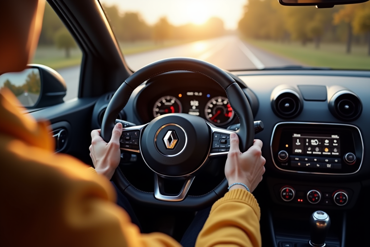 Intérieur d une Renault Clio 2 RS vue du conducteur avec tableau de bord sportif
