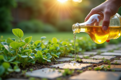 Main de jardinier versant du vinaigre sur des mauvaises herbes entre pavés