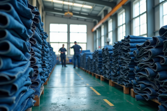 Jeans bleus usés dans une usine de recyclage moderne
