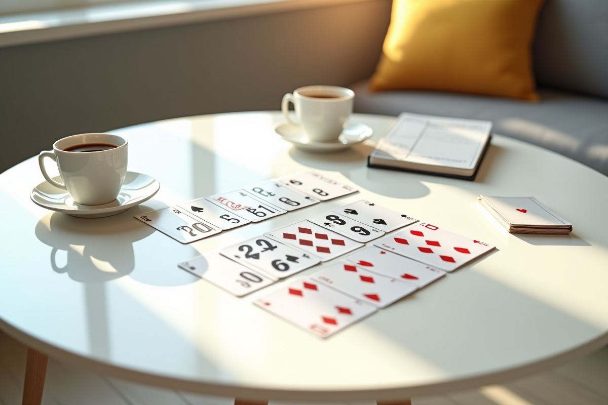 Cartes de rummy organisées sur une table lumineuse