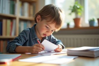 Jeune adulte étudiant avec des flashcards à un bureau lumineux