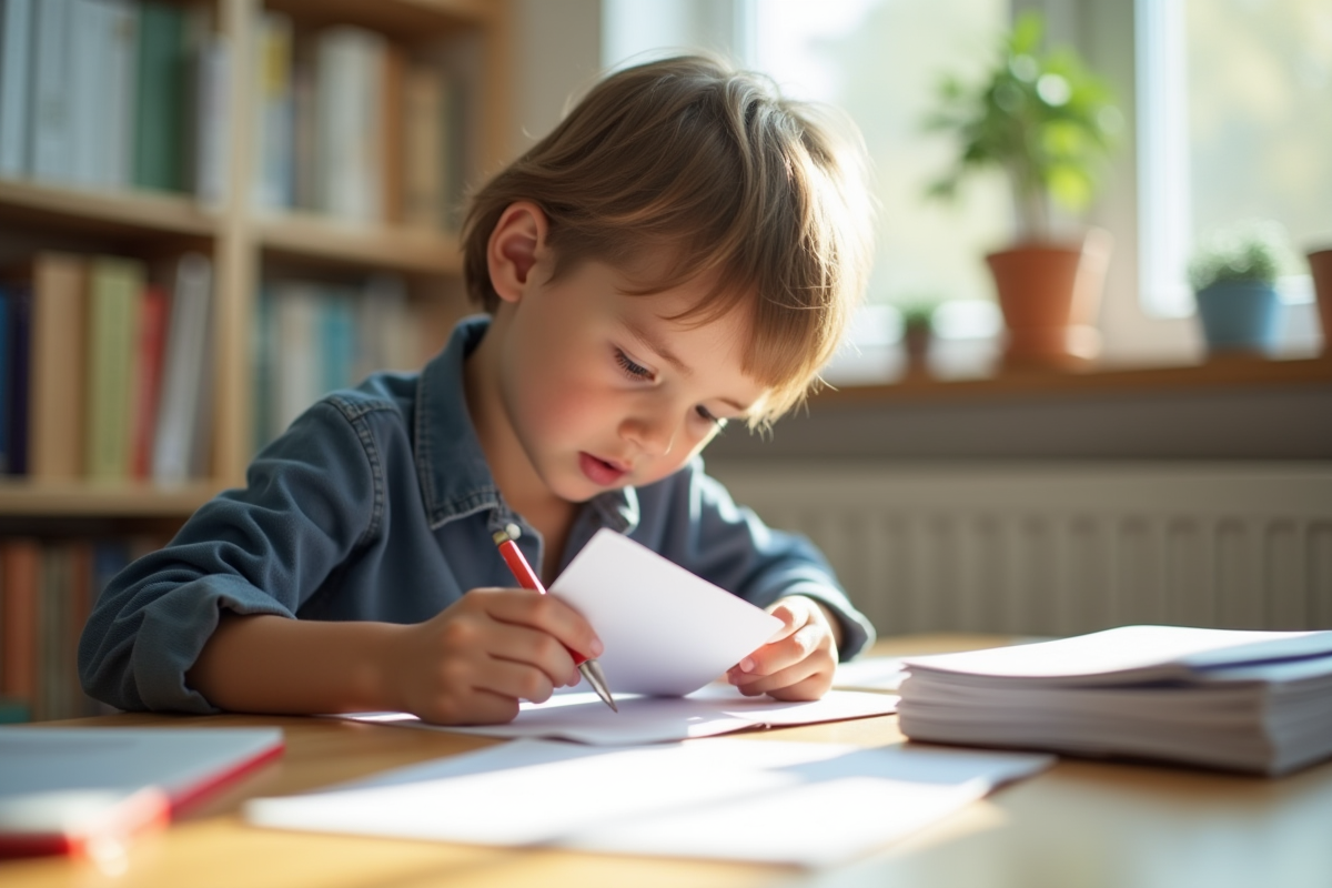 Jeune adulte étudiant avec des flashcards à un bureau lumineux