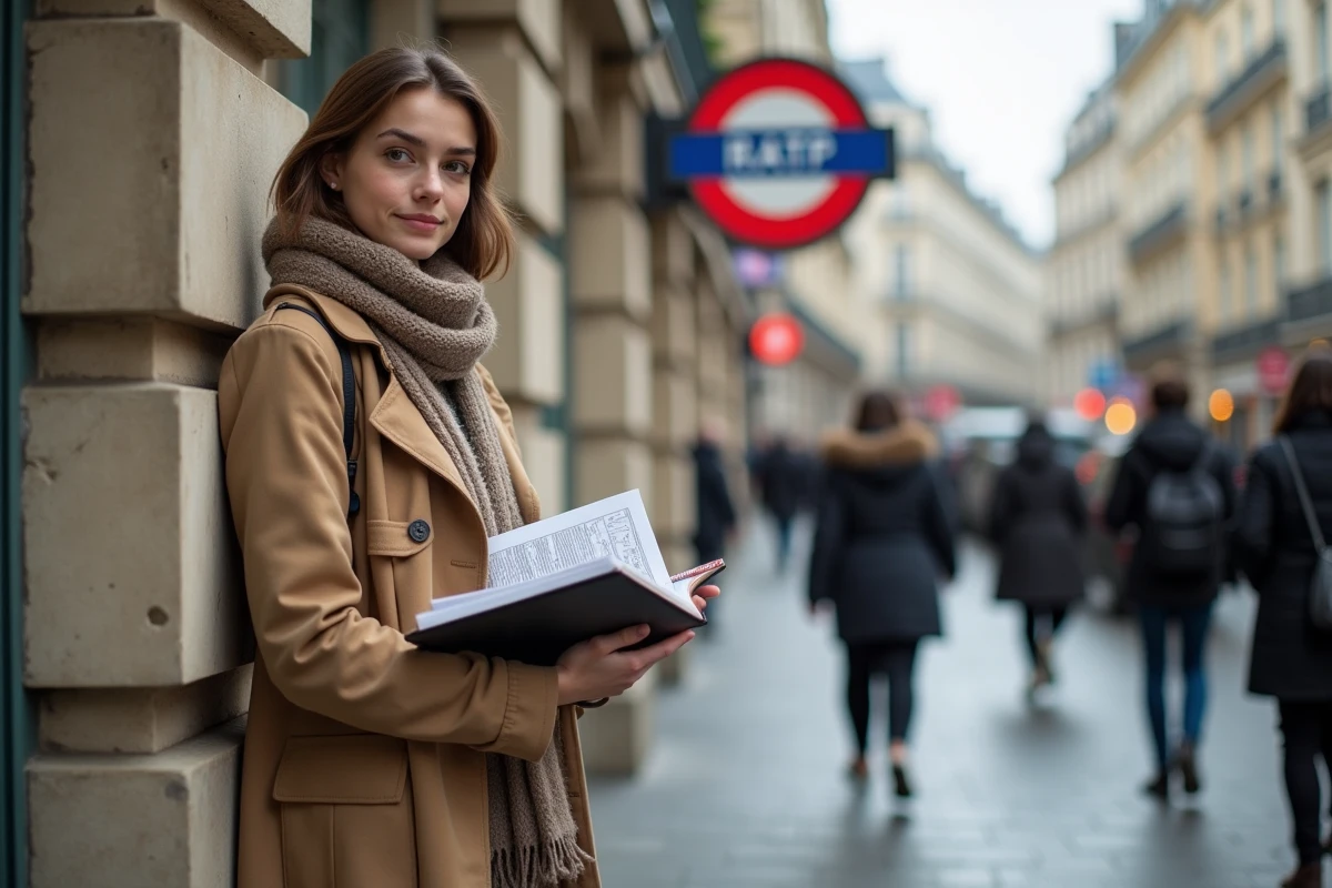 Jeune étudiante devant une entrée de métro RATP à Paris