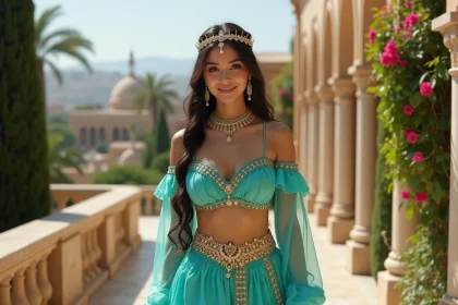 Jeune femme en costume Jasmine dans un jardin luxuriant