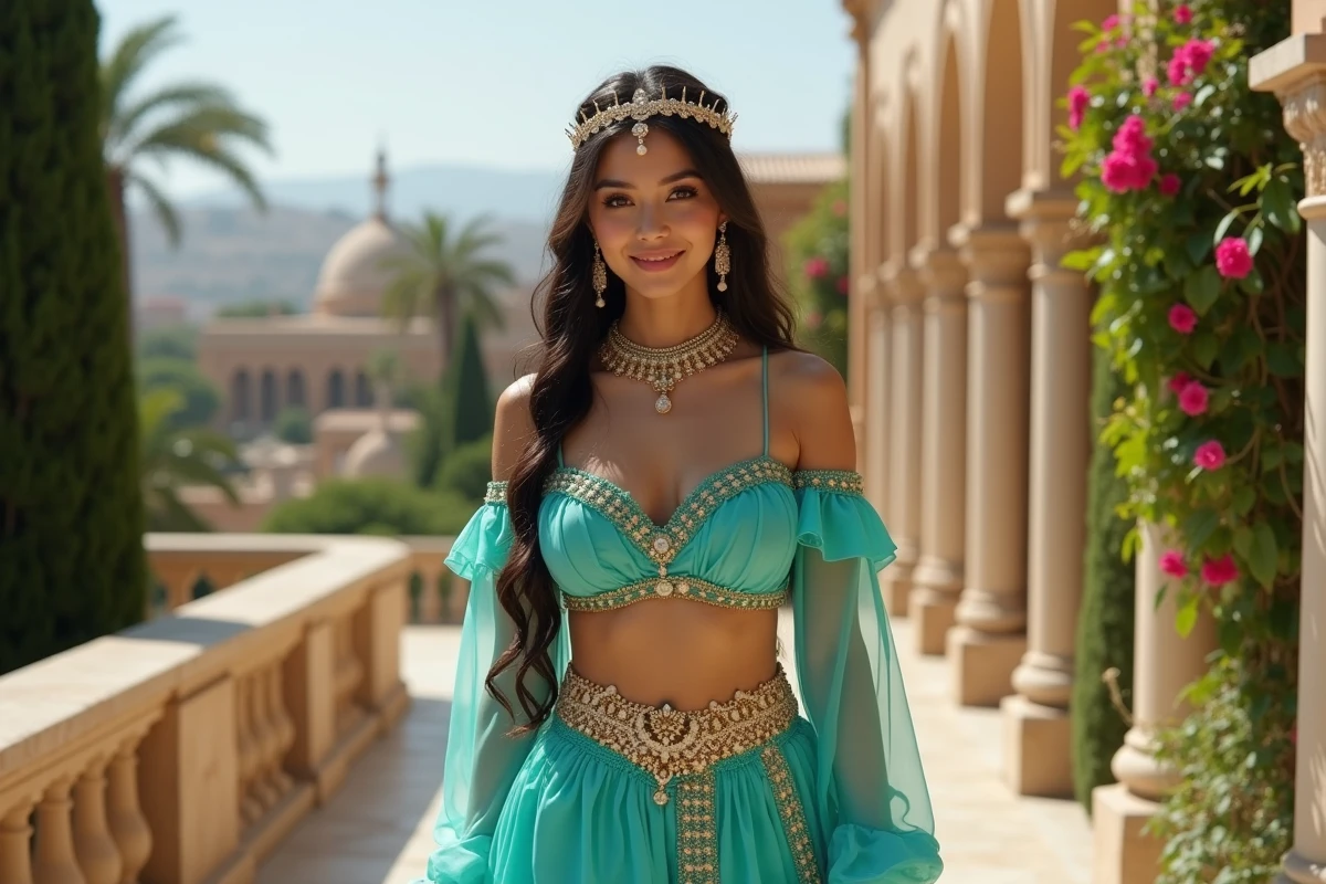 Jeune femme en costume Jasmine dans un jardin luxuriant