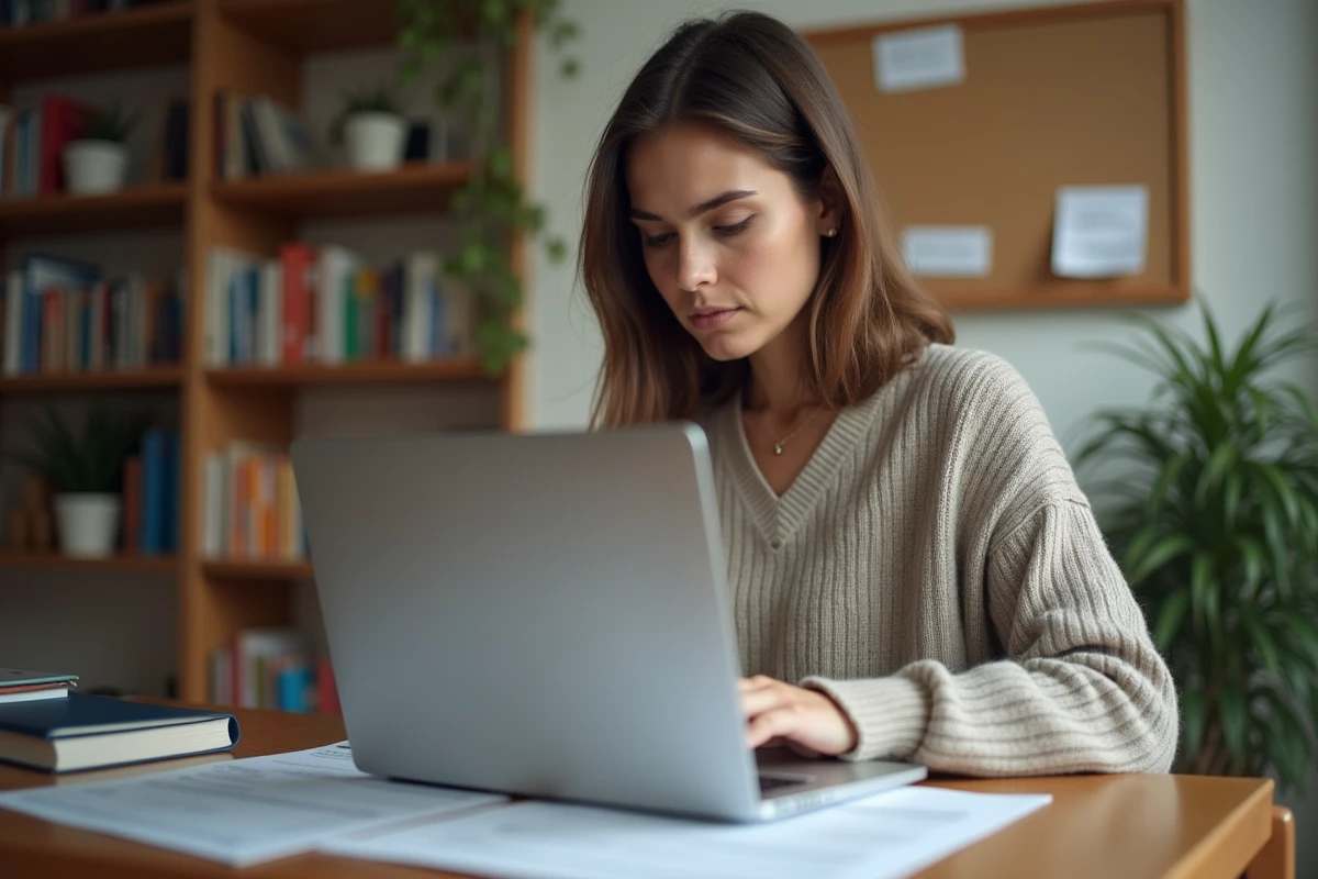 Jeune femme concentrée sur son ordinateur dans un appartement étudiant