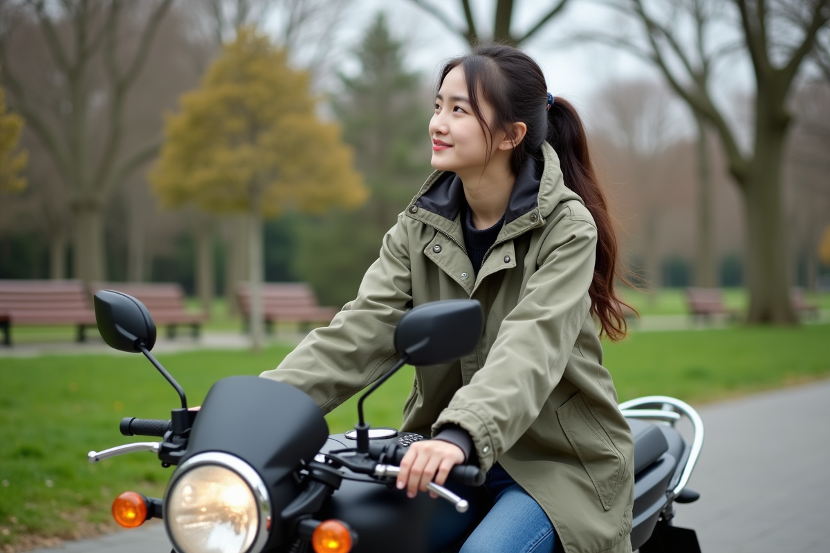 Jeune femme dans un parc urbain avec une moto stationnaire