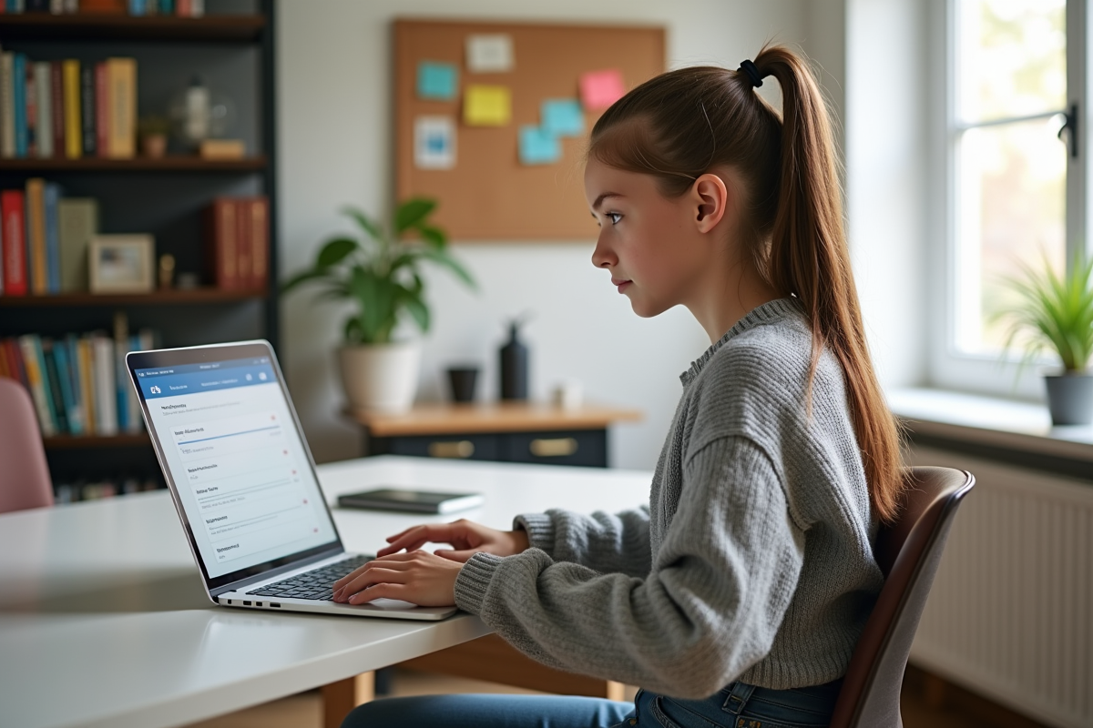 Jeune fille concentrée devant son ordinateur dans un bureau lumineux