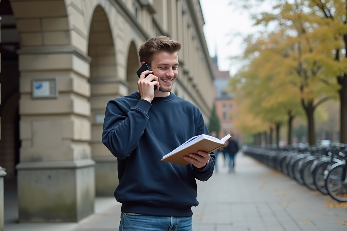 Jeune homme parlant au téléphone devant un bâtiment universitaire