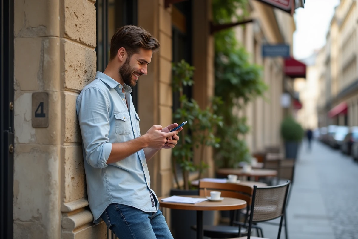Jeune homme souriant près d un café parisien