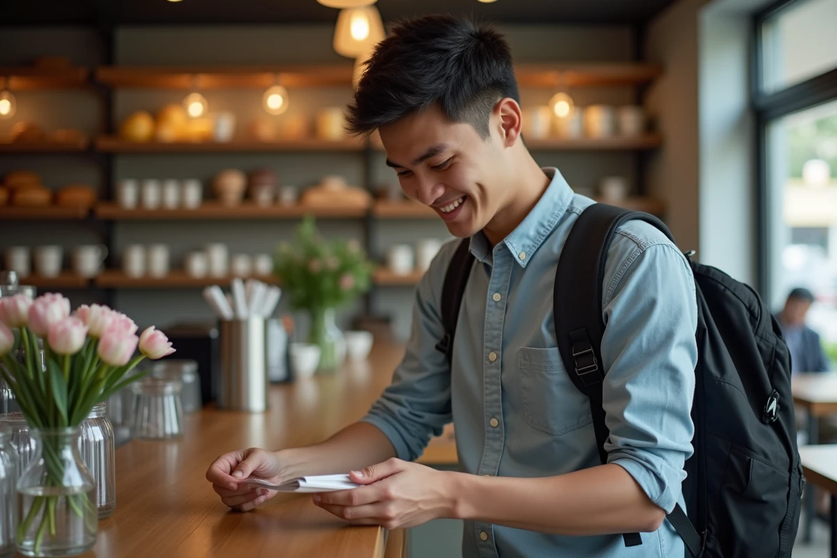 Jeune homme souriant avec un chèque de travail dans un café animé