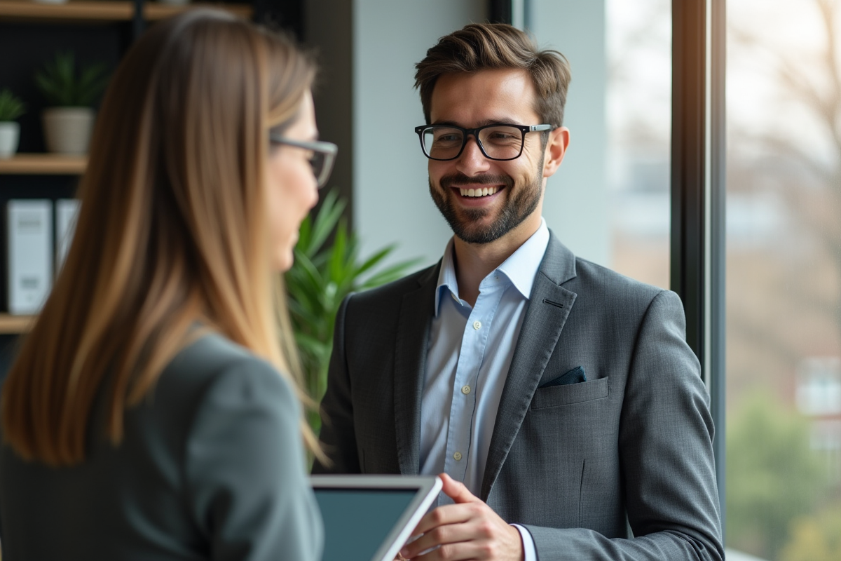 Jeune professionnel consulte conseiller en assurance