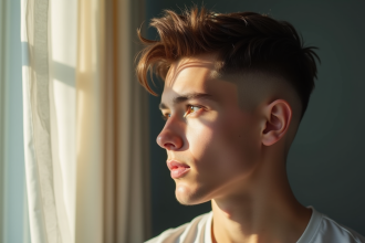 Jeune homme avec coupe low fade en lumière naturelle