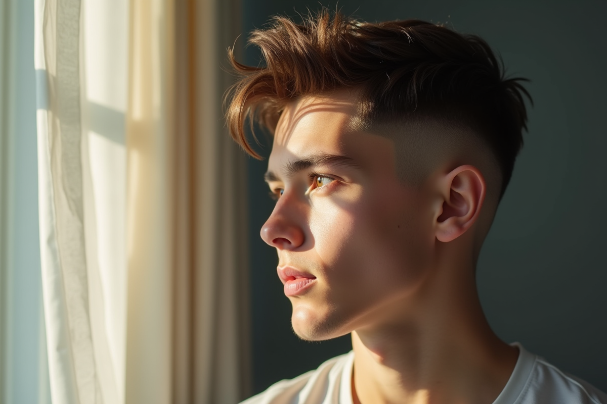 Jeune homme avec coupe low fade en lumière naturelle