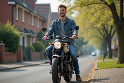 Jeune homme souriant sur une moto en quartier résidentiel