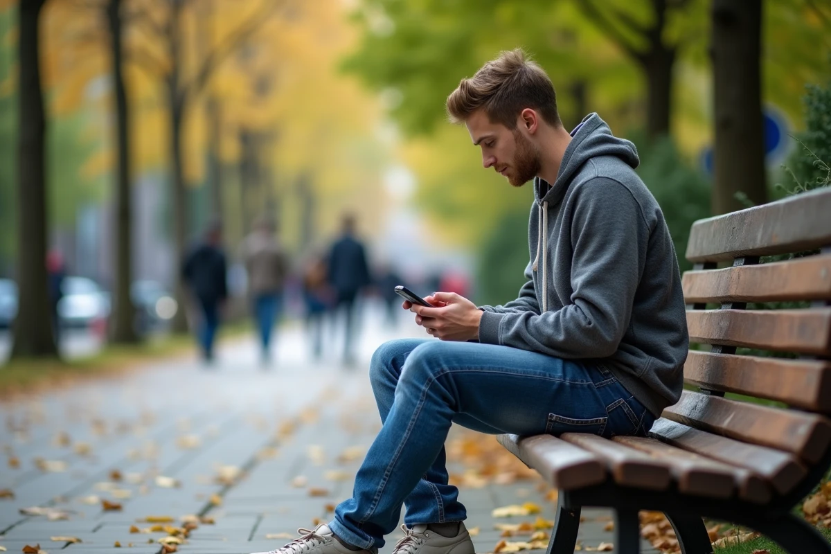 Jeune homme sur un banc de parc urbain avec smartphone