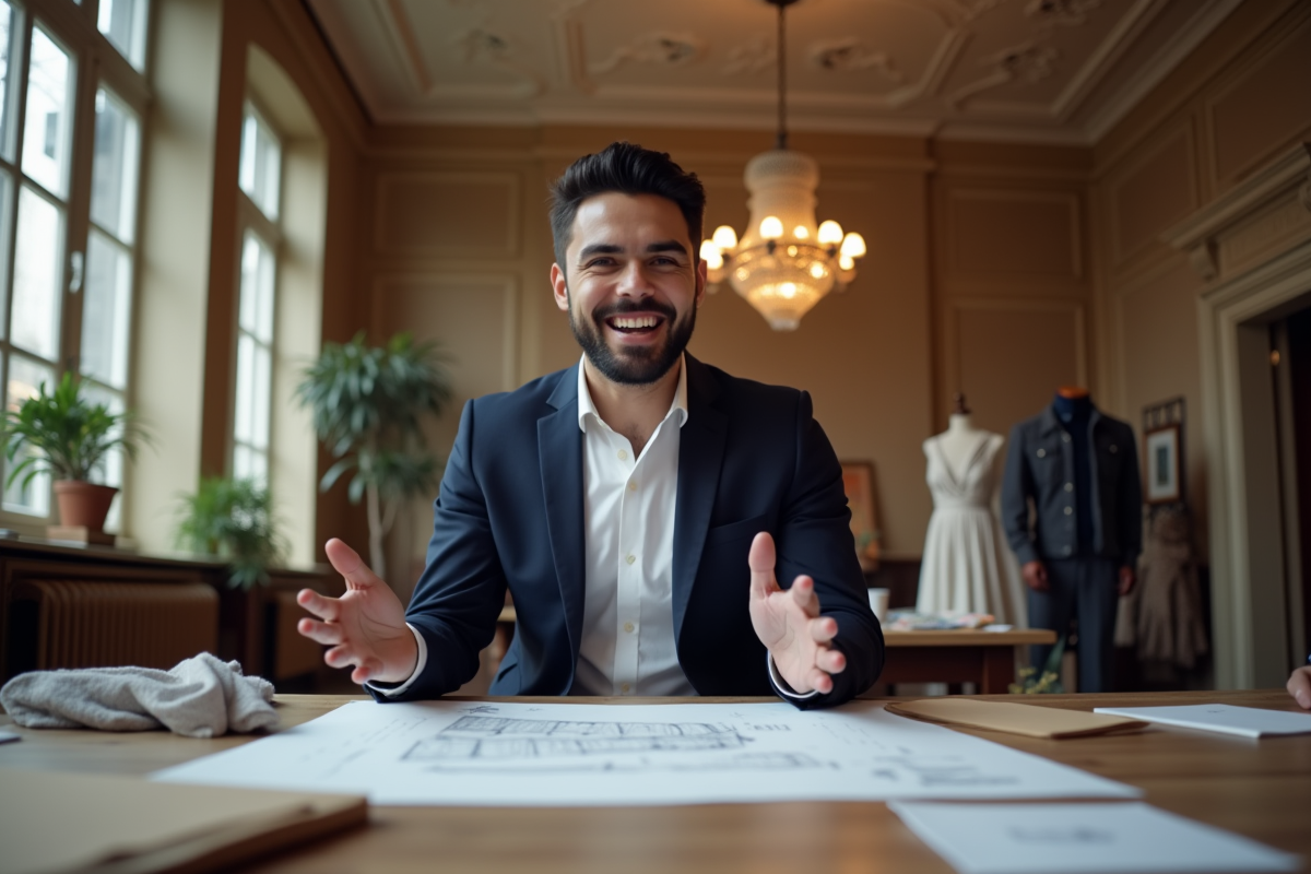 Jeune homme en costume discutant dans un studio de mode