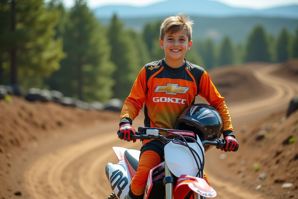 Jeune garçon motocross avec casque et bike 125cc