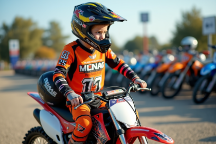 Jeune garçon en équipement motocross examine un vélo 50cc