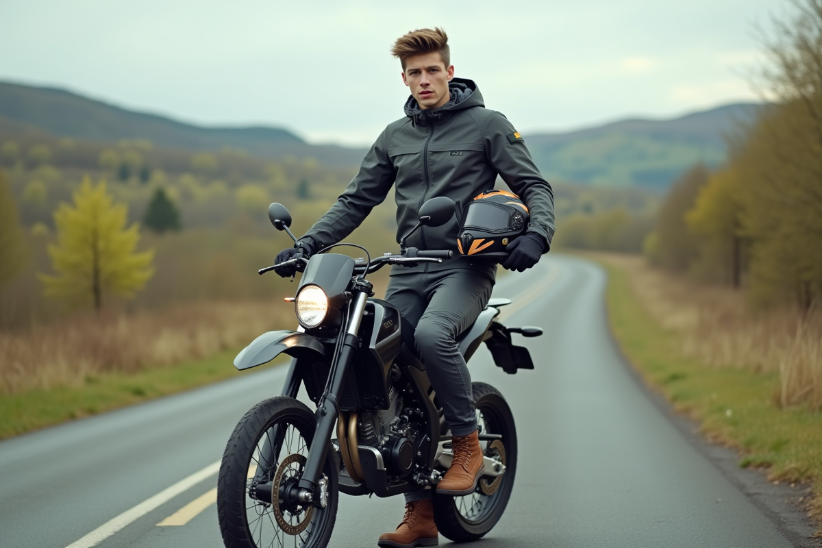 Jeune homme en équipement motocross avec moto 125cc en nature