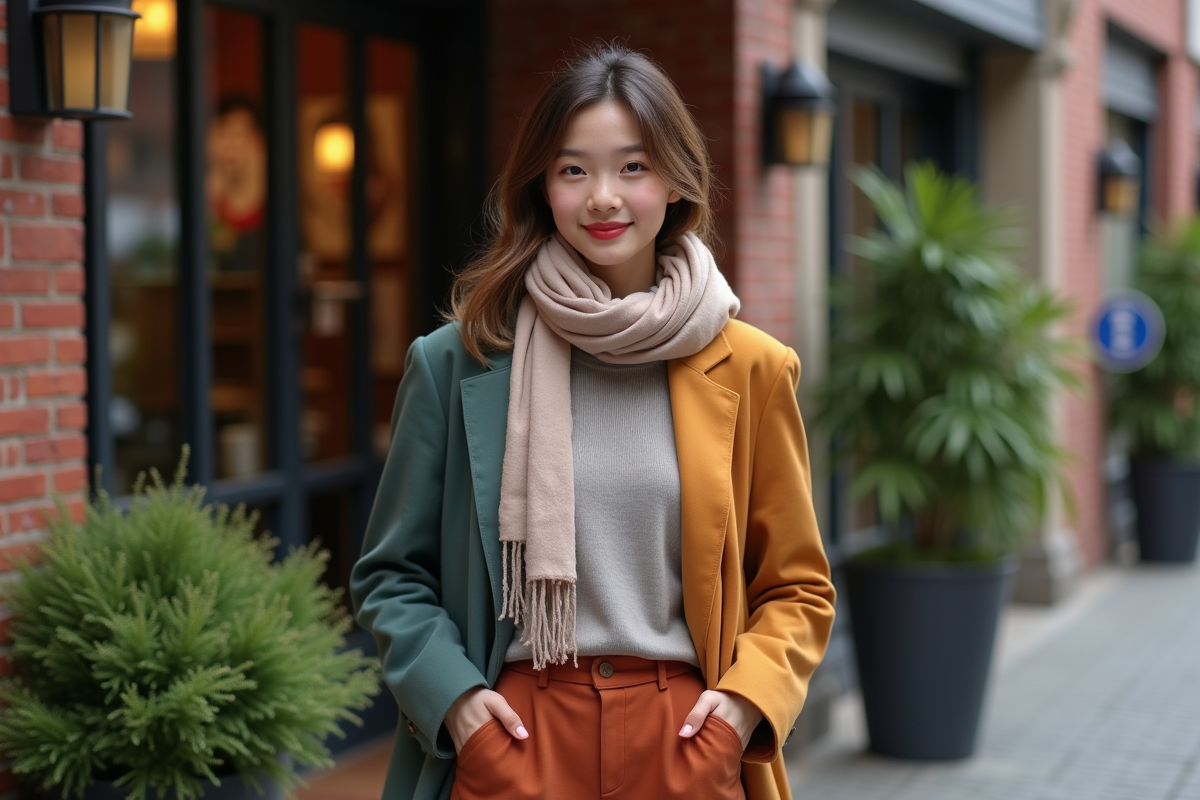 Jeune adulte nonbinaire en extérieur devant un café urbain