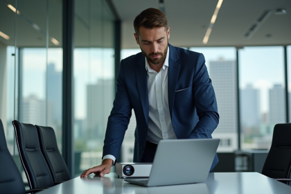Jeune homme en costume préparant une présentation dans un bureau moderne