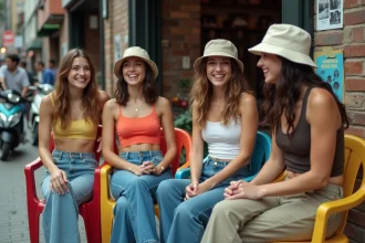 Groupe de jeunes en mode 2000s dans un café urbain