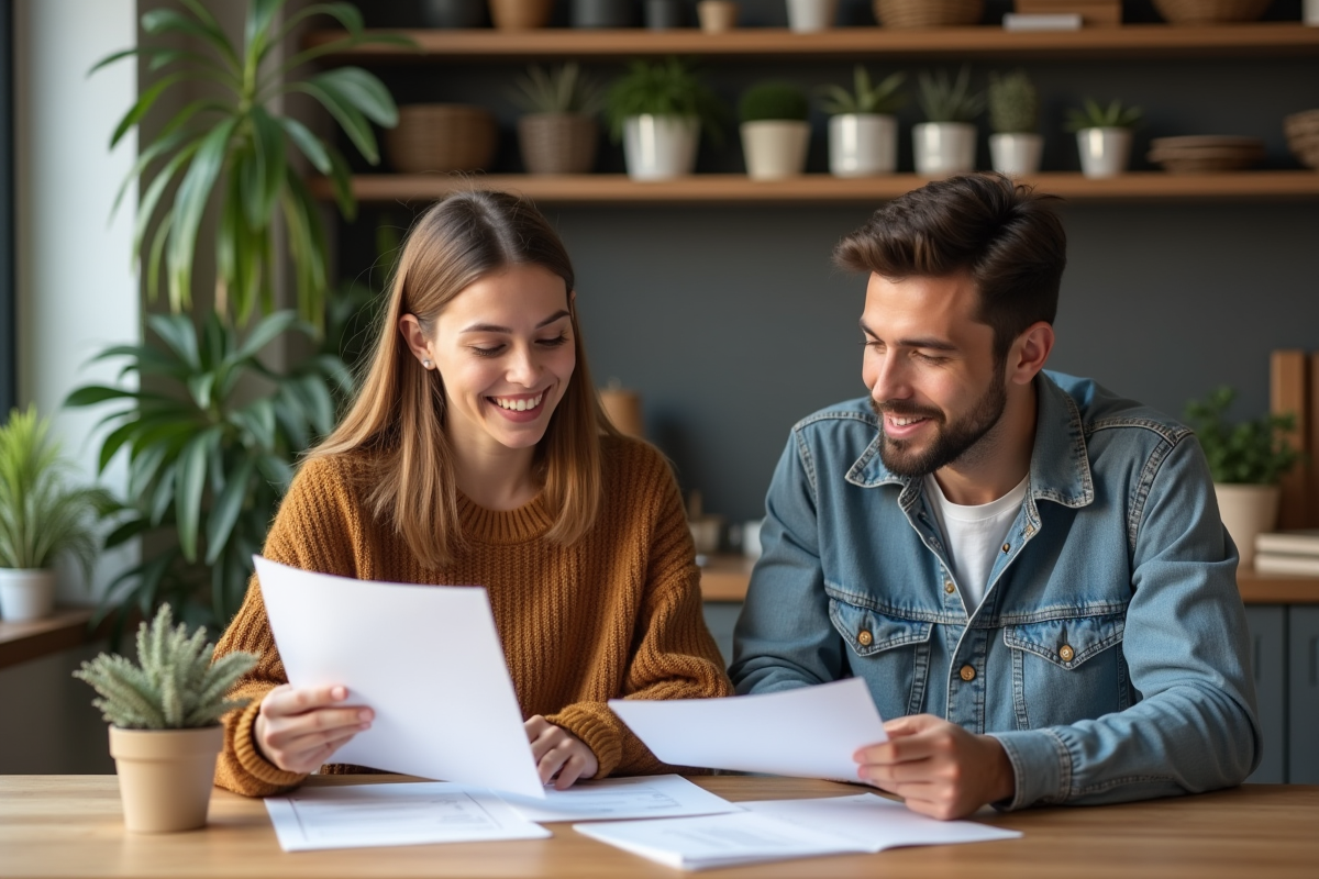 Deux jeunes adultes révisant des documents fiscaux à la maison