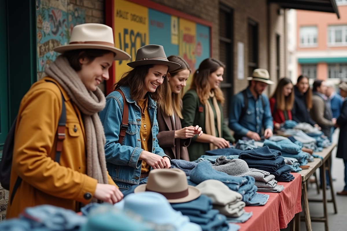 Groupe de jeunes triant des vêtements vintage dans un marché en plein air