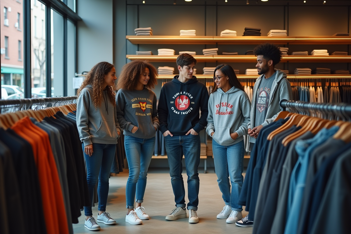 Groupe de jeunes adultes en mode décontracté dans un magasin de vêtements